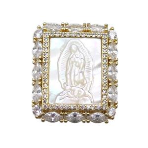 copper rectangle pendant pave zircon with shell virgin mary, gold plated, approx 20-25mm [FN15803]