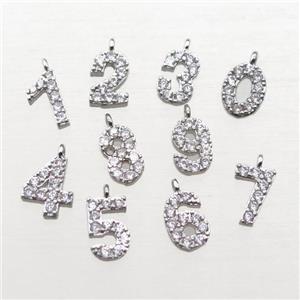 copper number pendant paved zircon, platinum plated, approx 8mm [FN15816]