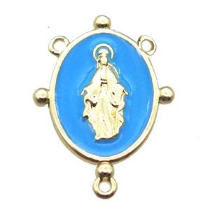 copper oval hanger bail with blue enameling virgin mary, gold plated, approx 12-17mm [FN15832]