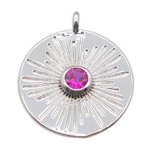 copper circle pendant paved zircon, platinum plated, approx 15mm dia [FN15834]