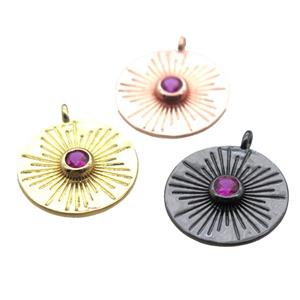copper circle pendant paved zircon, mixed color, approx 15mm dia [FN15838]