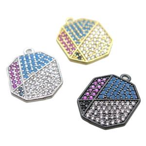 copper polygon pendant paved zircon, mixed color, approx 14-16mm [FN15850]