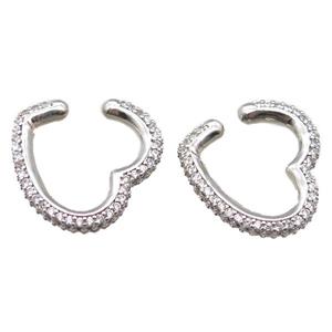 copper clip earring paved zircon, heart, platinum plated, approx 20mm [FN15880]