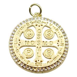 copper circle pendant paved zircon, gold plated, approx 22mm dia [FN15920]