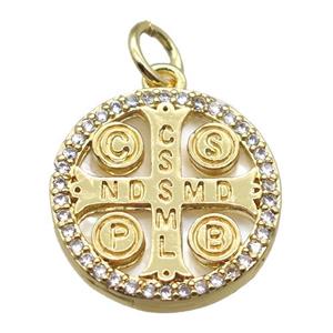 copper circle pendant paved zircon, gold plated, shell backing, approx 15mm dia [FN15924]
