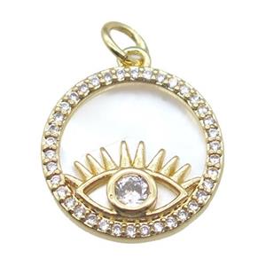 copper circle pendant paved zircon with eye, gold plated, shell backing, approx 15mm dia [FN15926]
