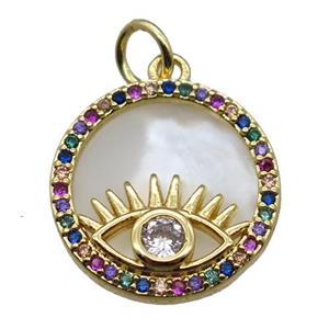 copper circle pendant paved zircon with eye, gold plated, shell backing, approx 15mm dia [FN15927]