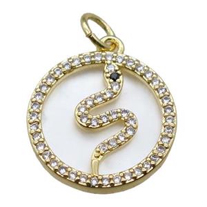 copper circle pendant paved zircon with snake, gold plated, shell backing, approx 15mm dia [FN15930]