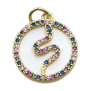 copper circle pendant paved zircon with snake, gold plated, shell backing, approx 15mm dia [FN15931]