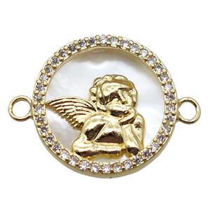 copper circle connector paved zircon with angel, gold plated, shell backing, approx 15mm dia [FN15932]
