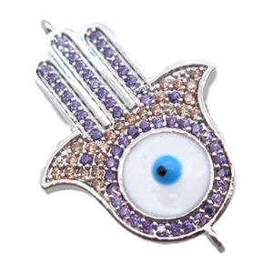 copper hamsahand connector paved zircon with evil eye, platinum plated, approx 18-26mm [FN15947]