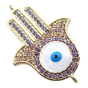 copper hamsahand connector paved zircon with evil eye, gold plated, approx 18-26mm [FN15948]