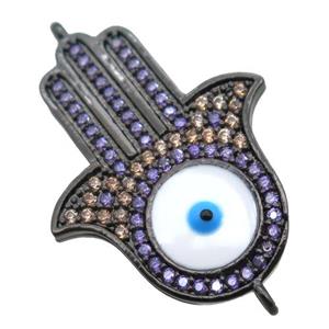 copper hamsahand connector paved zircon with evil eye, black plated, approx 18-26mm [FN15950]