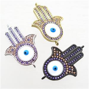 copper hamsahand connector paved zircon with evil eye, mixed, approx 18-26mm [FN15951]
