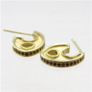 copper stud Earring paved zircon, gold plated, approx 12-15mm [FN15952]