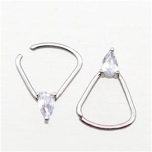 copper Hoop Earrings paved zircon, triangle, platinum plated, approx 11-15mm [FN16005]