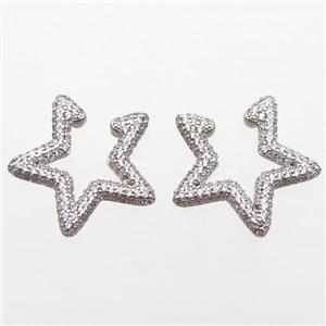 copper Clip Earrings pave zircon, star, platinum plated, approx 25mm dia [FN16006]