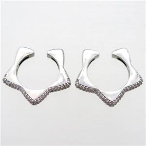 copper Clip Earrings pave zircon, star, platinum plated, approx 28mm [FN16008]