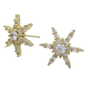 copper Studs Earrings paved zircon, snowflake, gold plated, approx 16mm dia [FN16016]