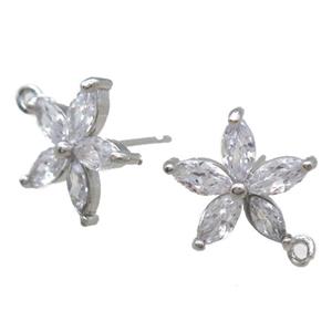 copper Studs Earrings paved zircon, flower, platinum plated, approx 13mm dia [FN16017]