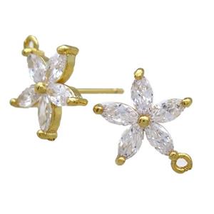 copper Studs Earrings paved zircon, flower, gold plated, approx 13mm dia [FN16018]