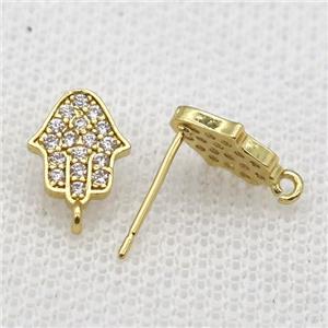 copper Studs Earrings paved zircon, hamsahand, gold plated, approx 8-10mm [FN16020]