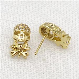 copper Studs Earrings paved zircon, skull, gold plated, approx 8-14mm [FN16025]