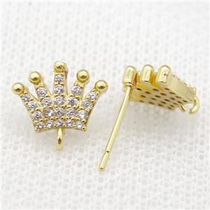 copper crown Studs Earrings paved zircon, gold plated, approx 11mm [FN16027]