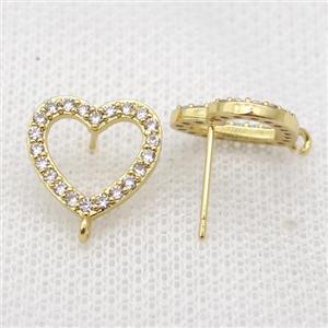 copper heart Studs Earrings paved zircon, gold plated, approx 13mm dia [FN16029]