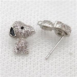 copper Studs Earrings paved zircon, dog, platinum plated, approx 9-11mm [FN16030]