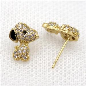 copper Studs Earrings paved zircon, dog, gold plated, approx 9-11mm [FN16031]