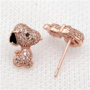 copper Studs Earrings paved zircon, dog, rose gold, approx 9-11mm [FN16032]