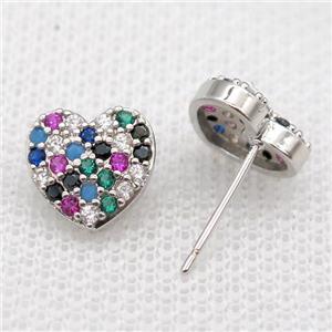 copper Studs Earrings paved zircon, heart, platinum plated, approx 10mm [FN16034]