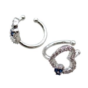 copper Clip Earrings paved zircon, heart, platinum plated, approx 11mm, 14mm dia [FN16041]