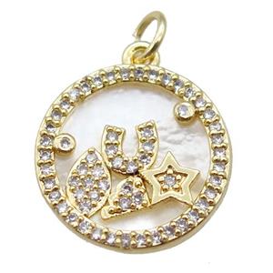 copper circle pendant paved zircon, gold plated, shell backing, approx 15mm dia [FN16044]