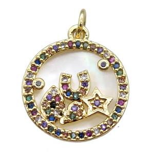 copper circle pendant paved zircon, gold plated, shell backing, approx 15mm dia [FN16045]
