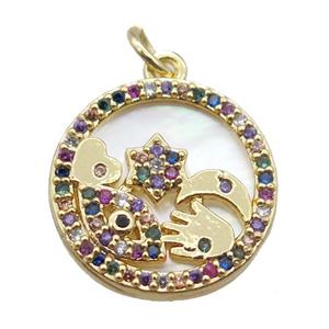 copper circle pendant paved zircon, gold plated, shell backing, approx 15mm dia [FN16046]
