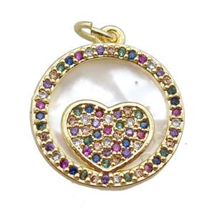 copper circle heart pendant paved zircon, gold plated, shell backing, approx 15mm dia [FN16050]