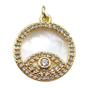 copper circle eye pendant paved zircon, gold plated, shell backing, approx 15mm dia [FN16053]
