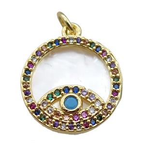 copper circle eye pendant paved zircon, gold plated, shell backing, approx 15mm dia [FN16054]