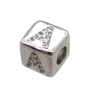 copper cube letter-A beads pave zircon, platinum plated, approx 8x8mm [FN16055]