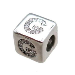 copper cube letter-G beads pave zircon, platinum plated, approx 8x8mm [FN16061]
