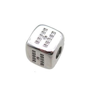 copper cube letter-H beads pave zircon, platinum plated, approx 8x8mm [FN16062]