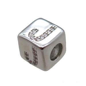 copper cube letter-J beads pave zircon, platinum plated, approx 8x8mm [FN16064]