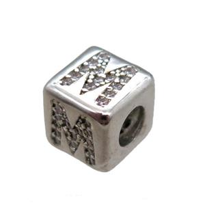 copper cube letter-M beads pave zircon, platinum plated, approx 8x8mm [FN16067]