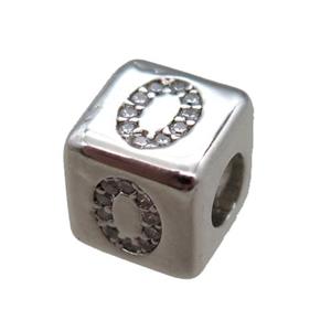 copper cube letter-O beads pave zircon, platinum plated, approx 8x8mm [FN16069]