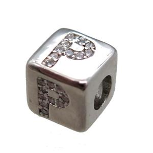 copper cube letter-P beads pave zircon, platinum plated, approx 8x8mm [FN16070]