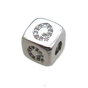 copper cube letter-Q beads pave zircon, platinum plated, approx 8x8mm [FN16071]