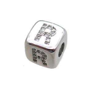 copper cube letter-R beads pave zircon, platinum plated, approx 8x8mm [FN16072]