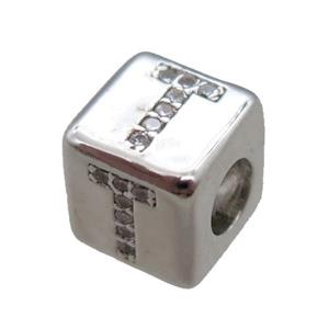 copper cube letter-T beads pave zircon, platinum plated, approx 8x8mm [FN16074]